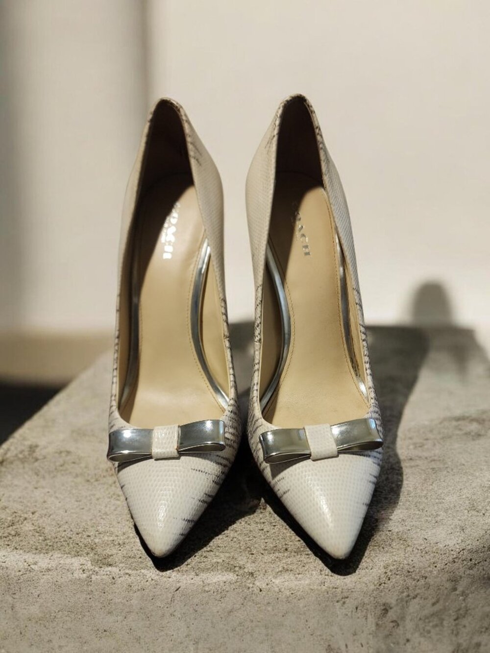 Coach Hallie Pumps – Cream & Black Snakeskin Print, Size 8